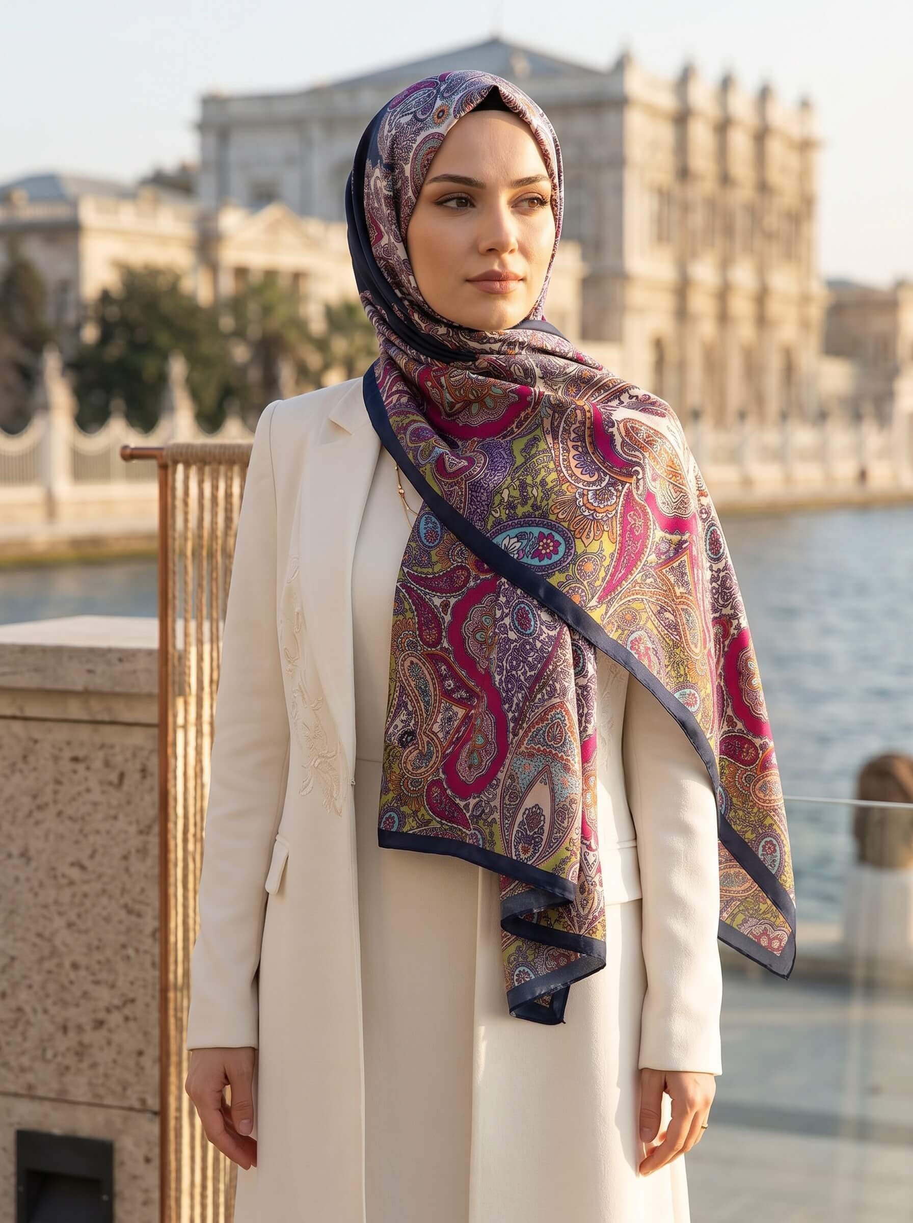 100% İpek Etro Desenli Lacivert Renkli 92x210 Şal
