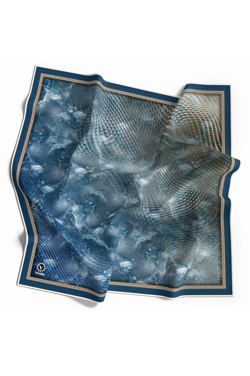 Twill Batik Desenli İndigo Renkli 90x90 Eşarp (İpek İçermez) Kenar Dikiş Şekli El Dikişli