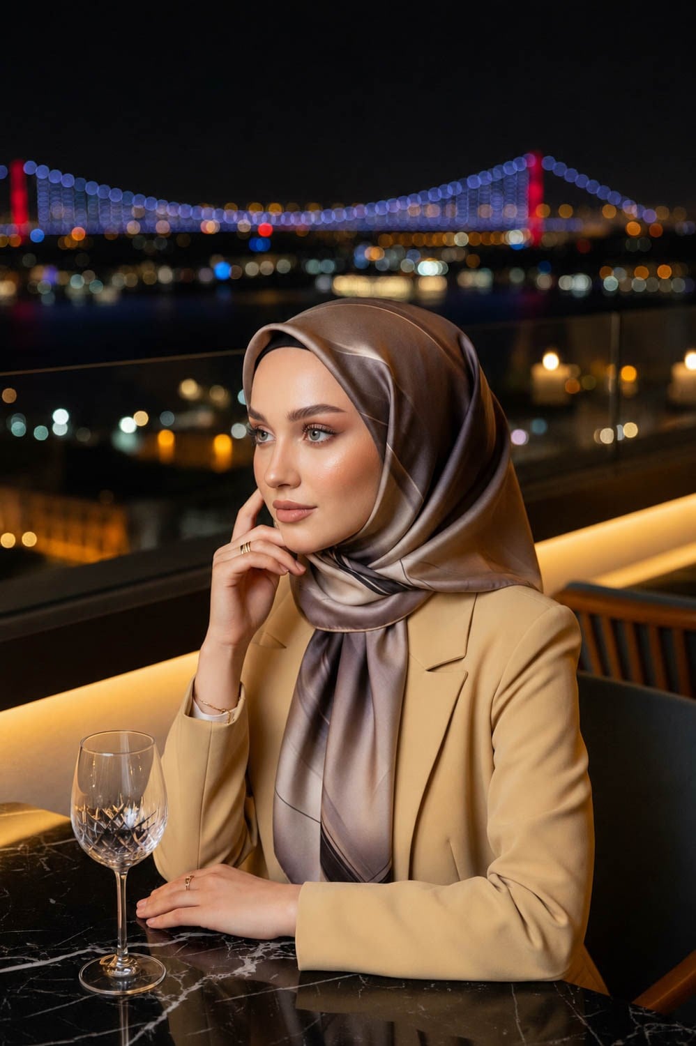%100 Twill İpek Duman Desenli Bej Renkli 90x90 Eşarp Dikim Şekli : El Dikişi