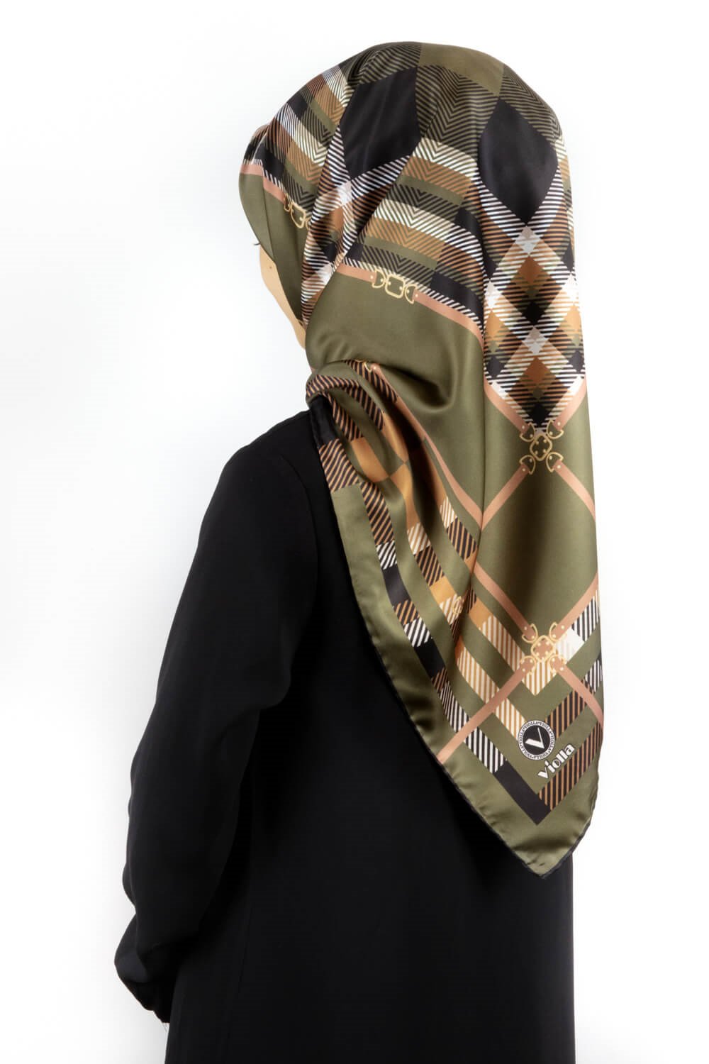 Twill Kemerli ve Ekose Desenli Haki Yeşili Renkli 90x90 Eşarp (İpek İçermez)Kenar Dikiş Şekli El Dikişli