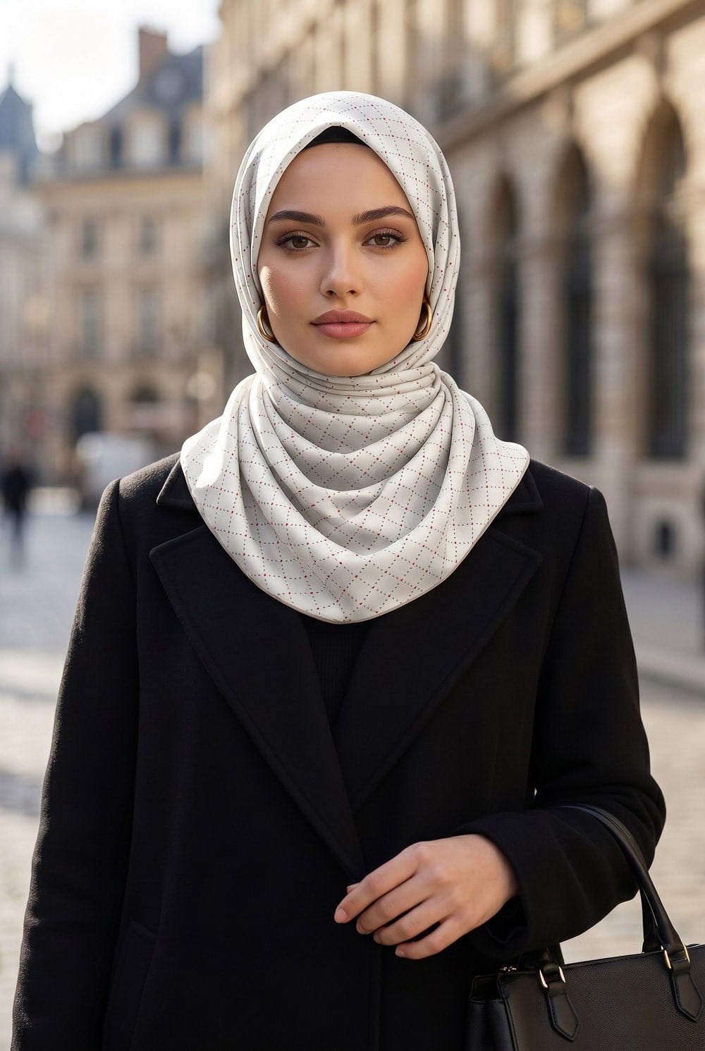 %100 Twill İpek Minik V Desenli Beyaz Renkli 90x90 Eşarp Dikim Şekli : El Dikişi