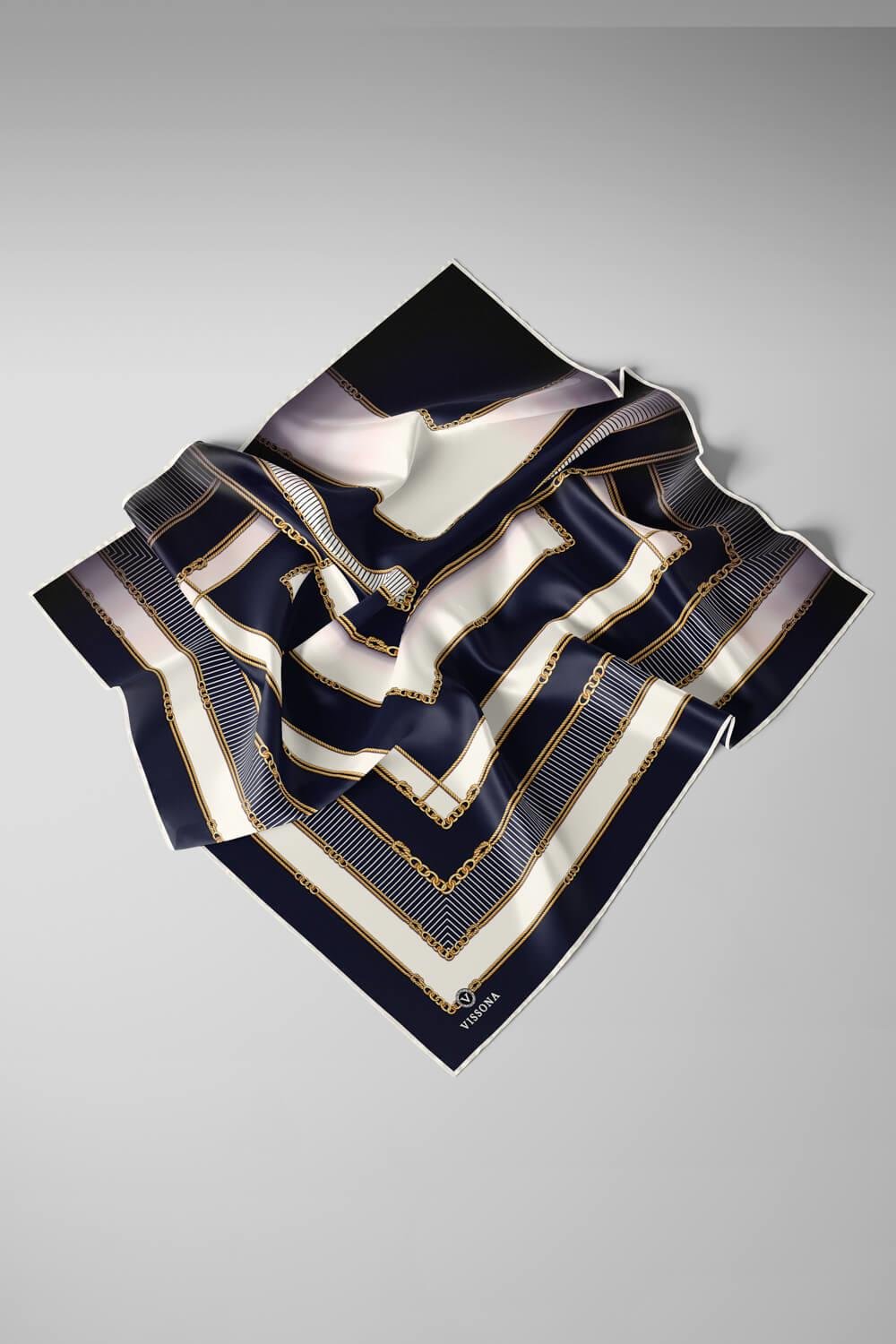%100 Twill İpek Zincir Detaylı Geometrik Desenli Lacivert - Lacivert Renkli 90x90 Eşarp Dikim Şekli : El Dikişi