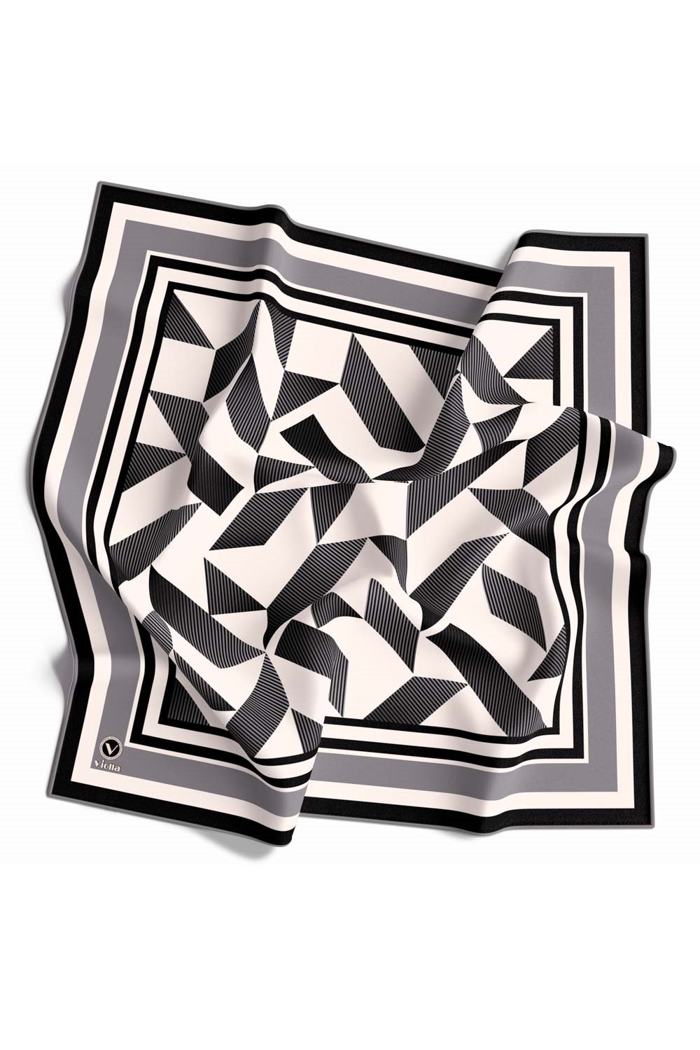 Twill Geometrik Desenli Gri Renkli 90x90 Eşarp (İpek İçermez) Kenar Dikiş Şekli El Dikişli