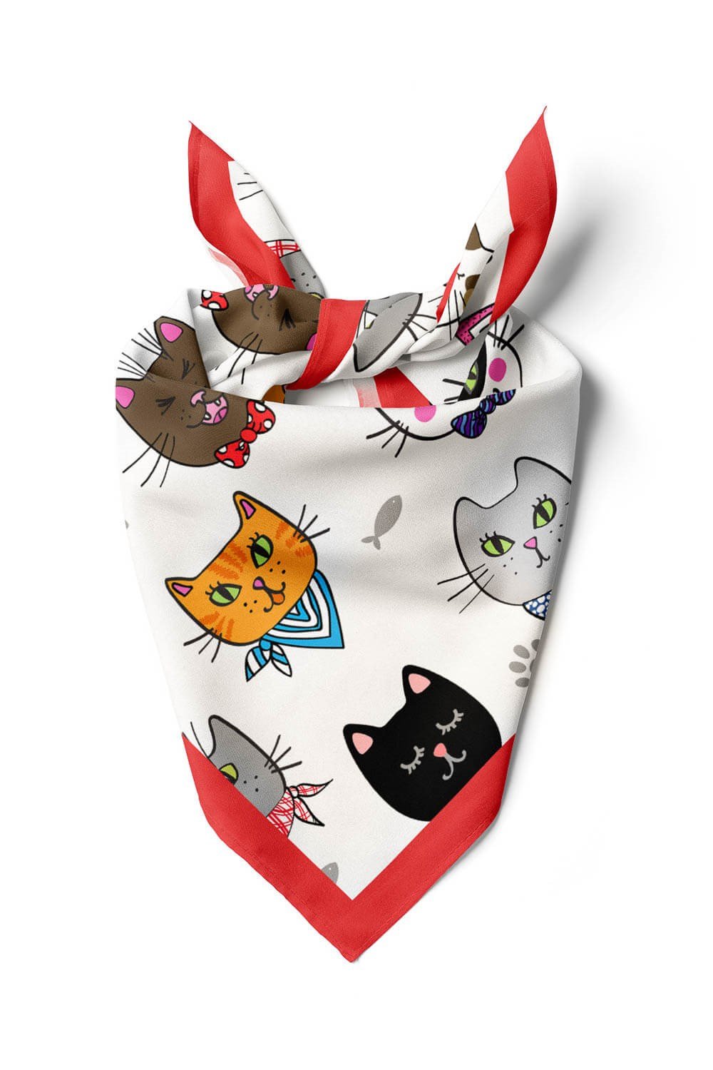 A59 Kadın Kedi Desenli Bandana 50x50 Kırmızı DG0191-22 Snz