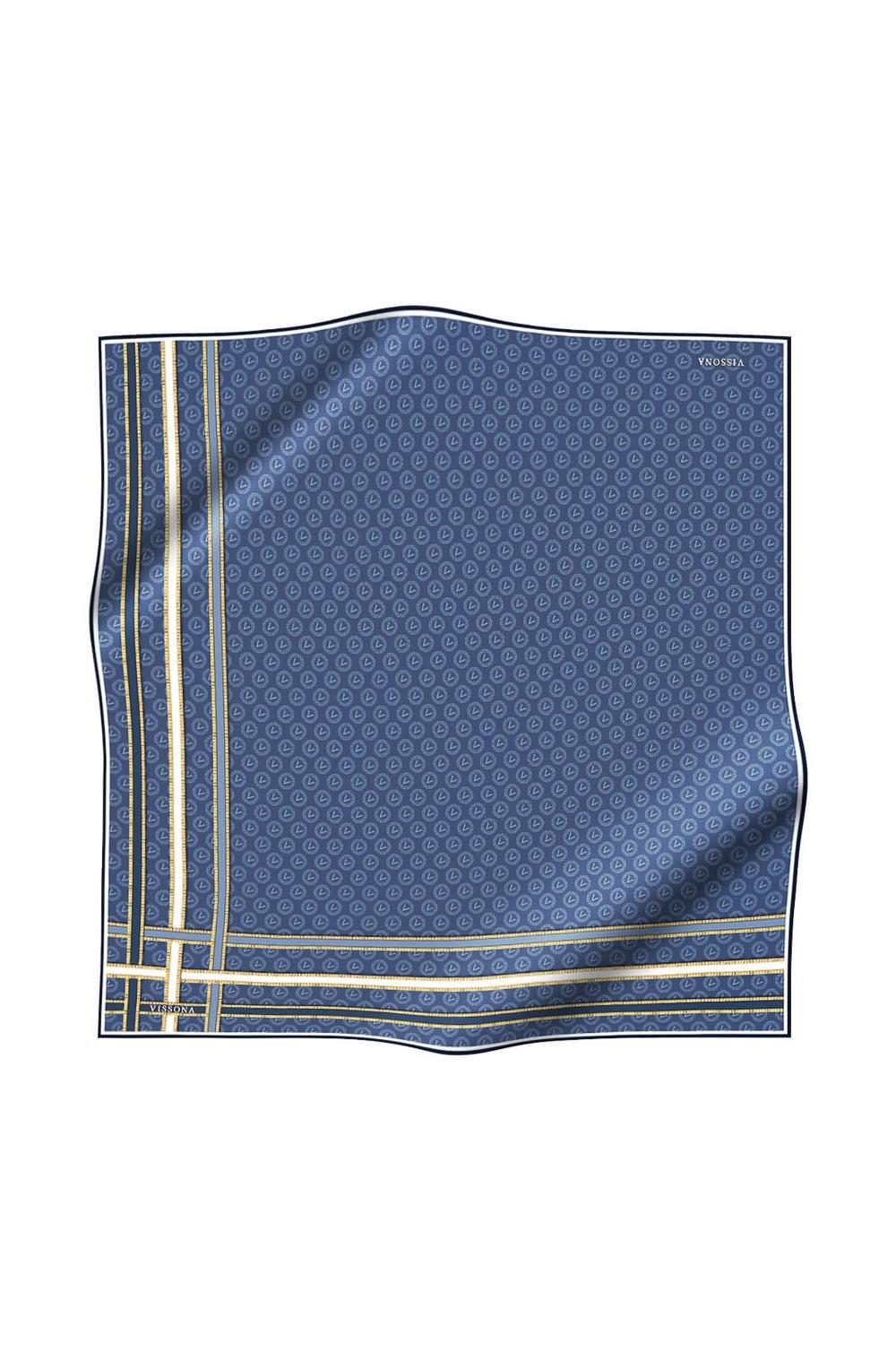 %100 Twill İpek Monogram Desenli İndigo - İndigo Renkli 90x90 Eşarp Dikim Şekli : El Dikişi
