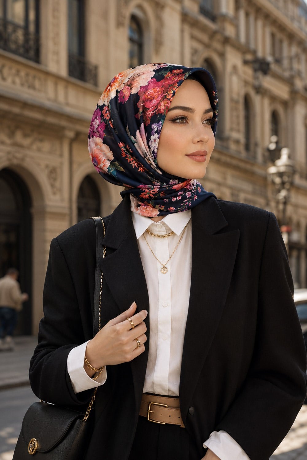 %100 Twill İpek Büyük Bahar Çiçekleri Desenli Lacivert Renkli 90x90 Eşarp Dikim Şekli : El Dikişi