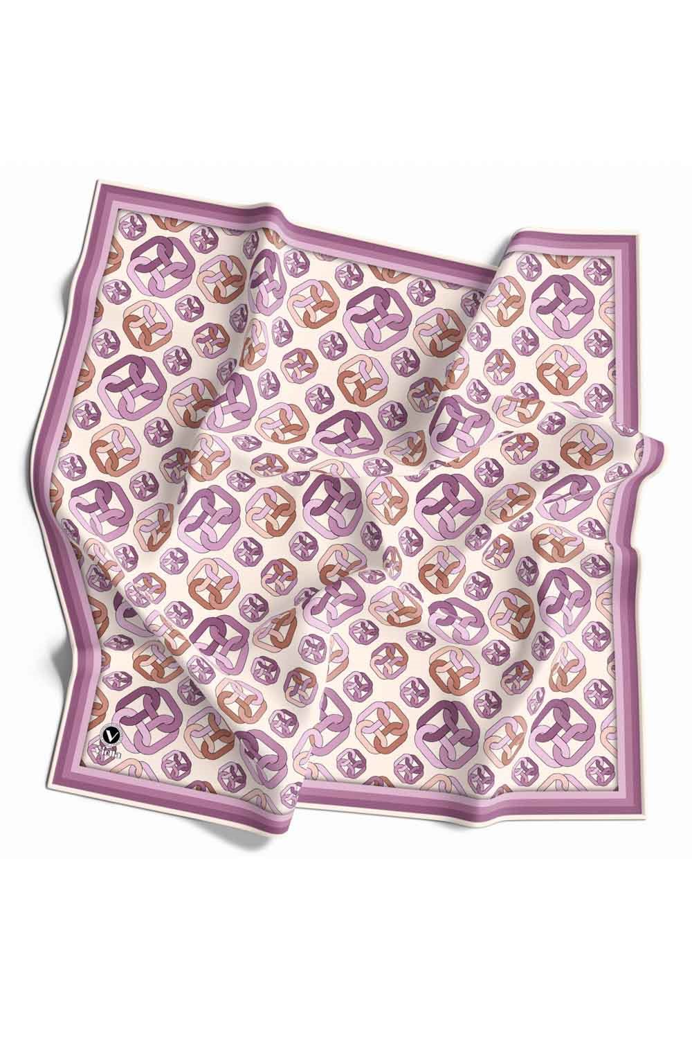 Kristal Zincir Motif Desenli Lila Renkli 90x90 Eşarp (İpek İçermez) Kenar Dikiş Şekli El Dikişli