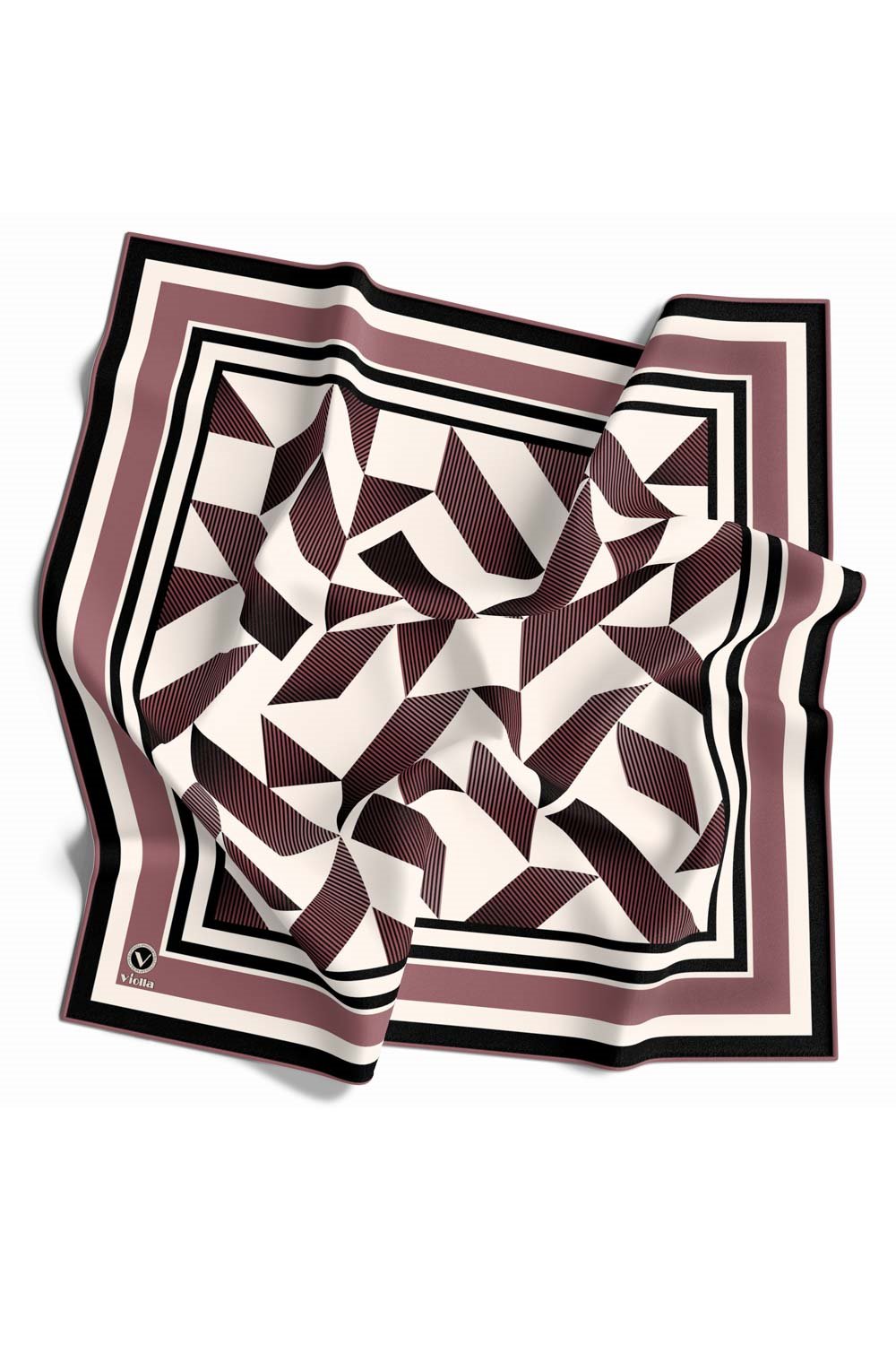 Twill Geometrik Desenli Pudra Renkli 90x90 Eşarp (İpek İçermez) Kenar Dikiş Şekli El Dikişli