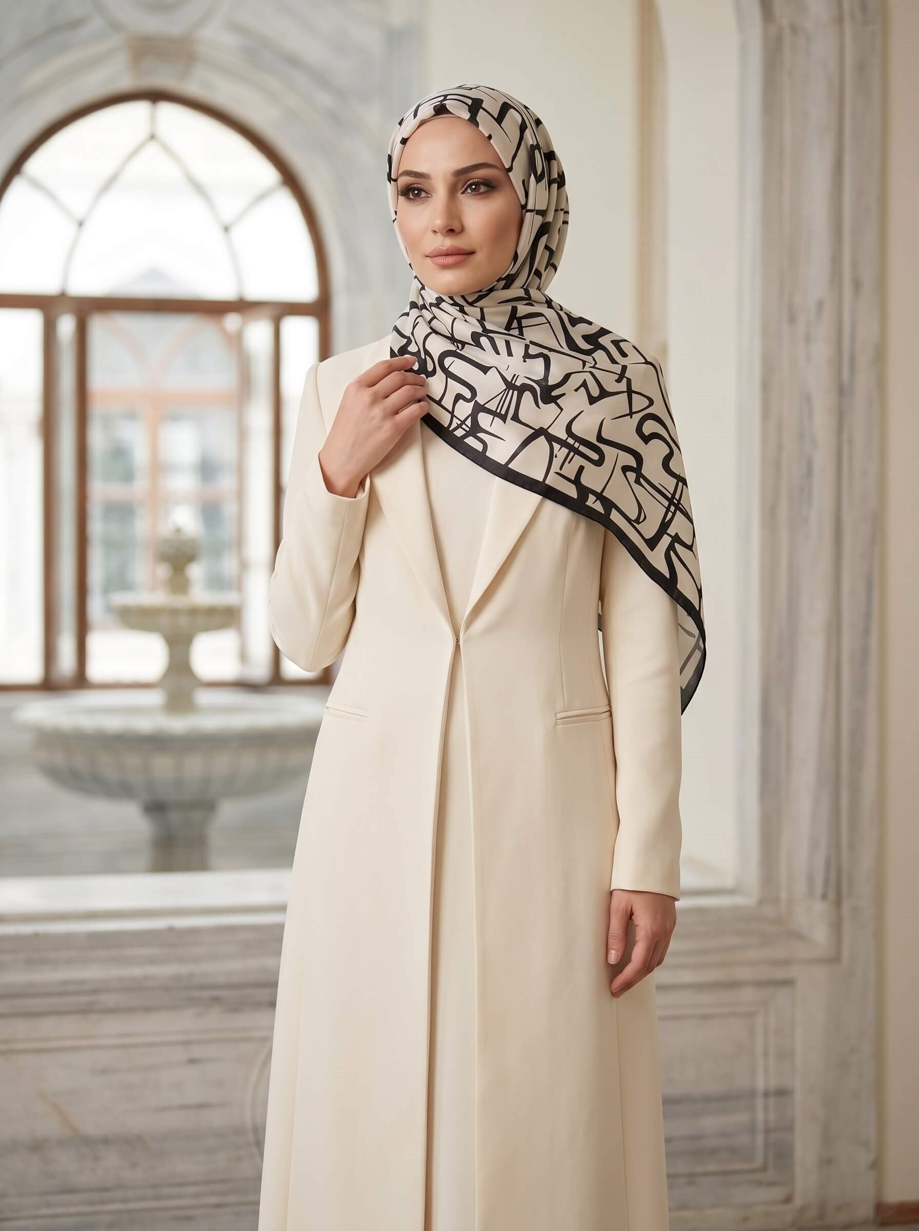 100% İPEK ÇİZGİLİ DESENLİ KREM RENKLİ ŞAL