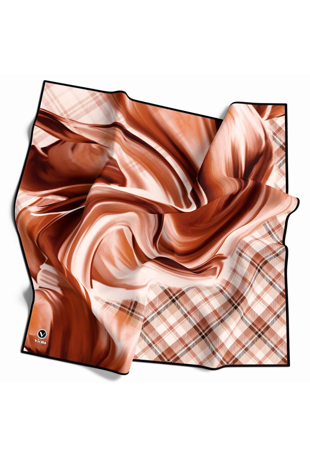 Twill Dalga ve Ekose Desenli Taba Renkli 90x90 Eşarp (İpek İçermez)Kenar Dikiş Şekli El Dikişli