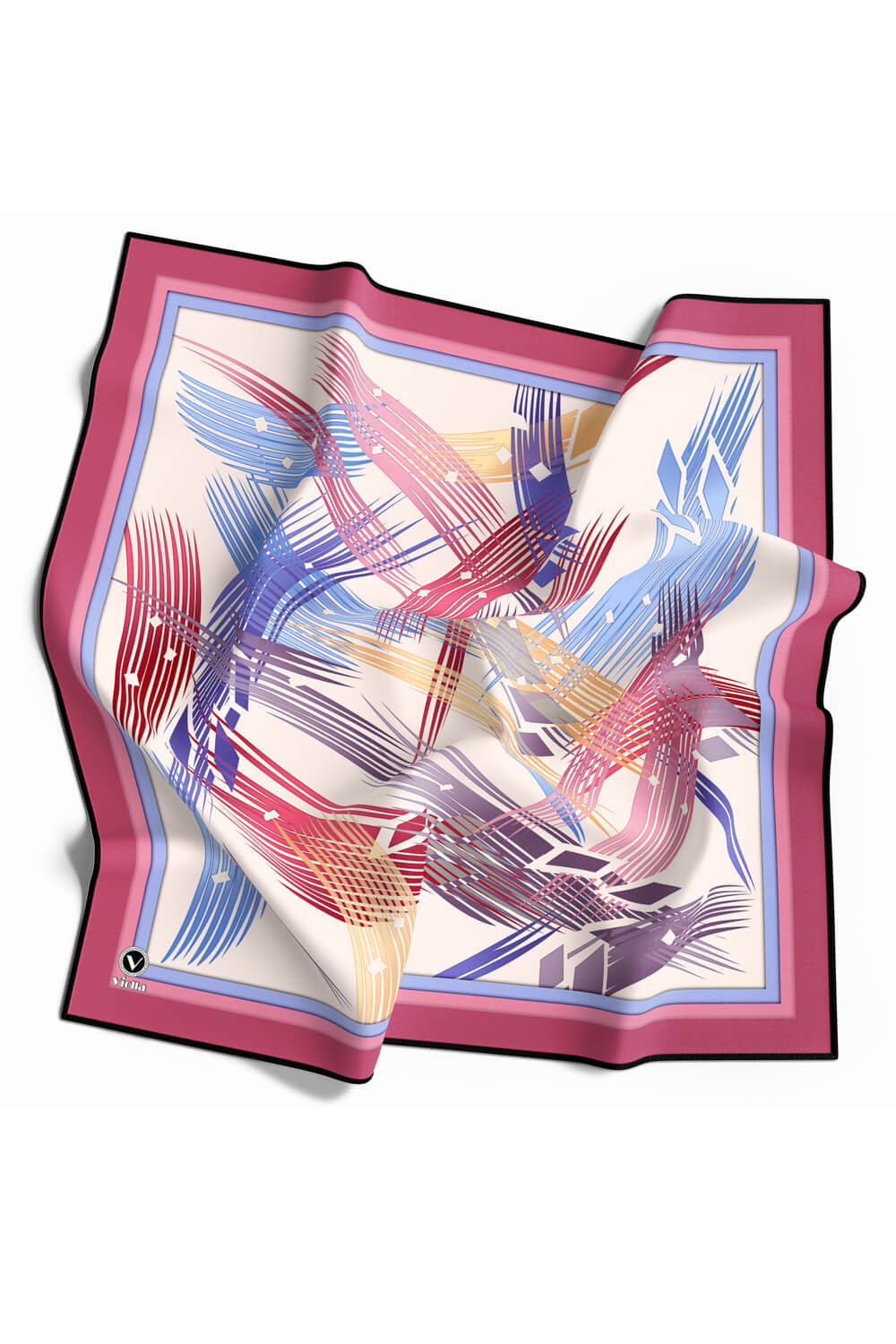 Twill Geometrik Desenli Pembe Renkli 90x90 Eşarp (İpek İçermez) Kenar Dikiş Şekli El Dikişli