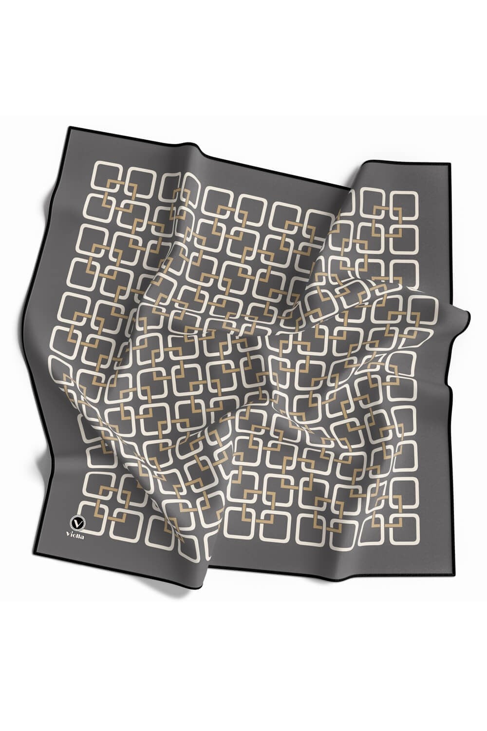 Twill Geometrik Desenli Gri Renkli 90x90 Eşarp (İpek İçermez) Kenar Dikiş Şekli El Dikişli