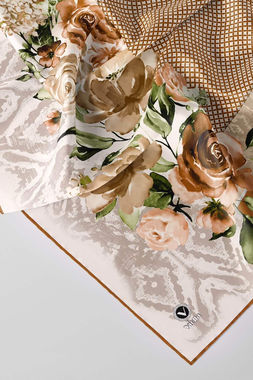 Twill Çiçek Desenli Hardal Renkli 90x90 Eşarp (İpek İçermez) Kenar Dikiş Şekli El Dikişli