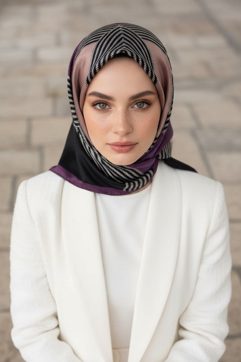 % 57 İPEK % 43 VİSKON Twill İpek Geometrik Desenli Mürdüm Renkli 90x90 Eşarp Dikim Şekli : El Dikişi