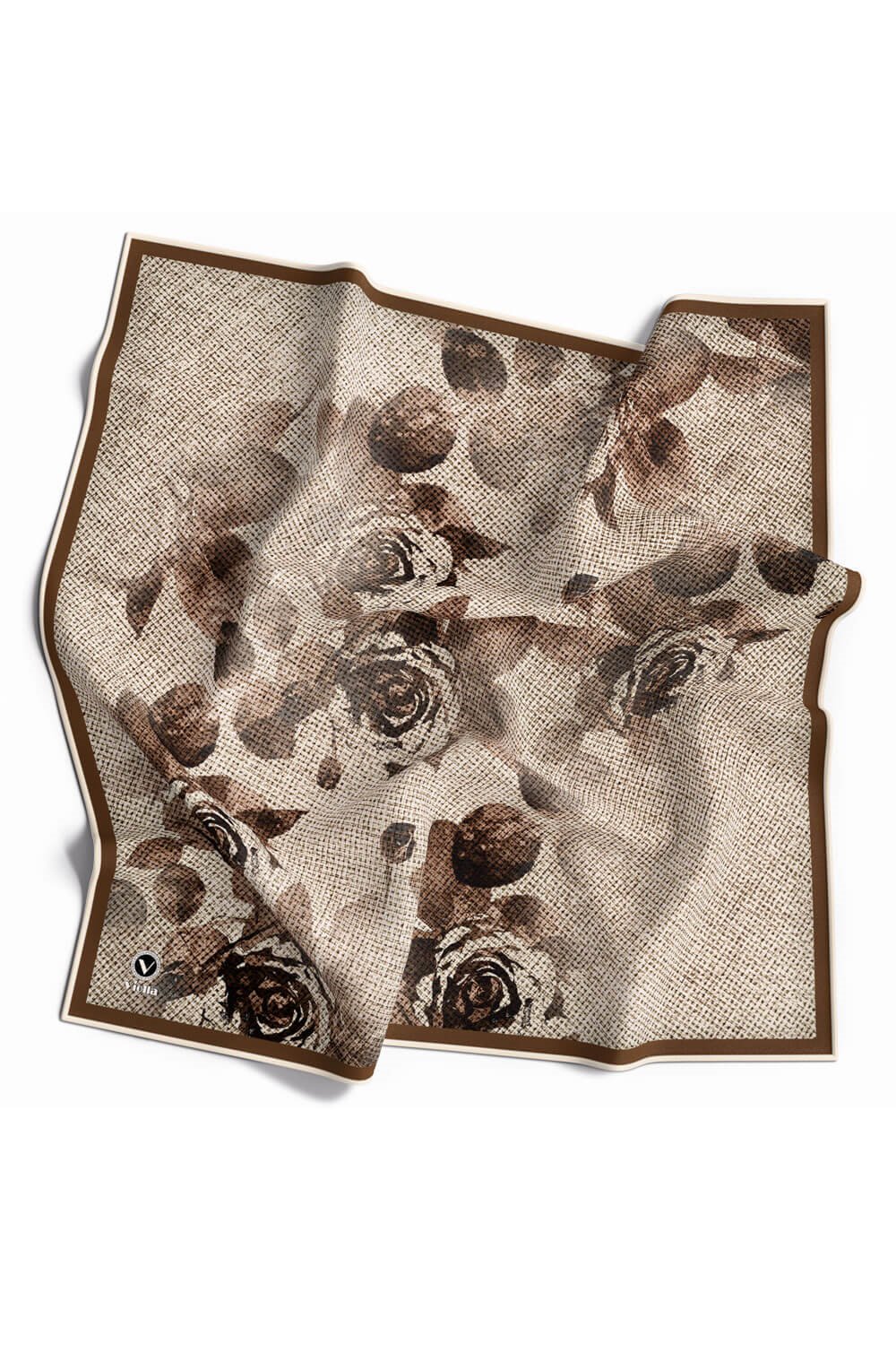 Twill Gül Desenli Bej Renkli 90x90 Eşarp (İpek İçermez) Kenar Dikiş Şekli El Dikişli