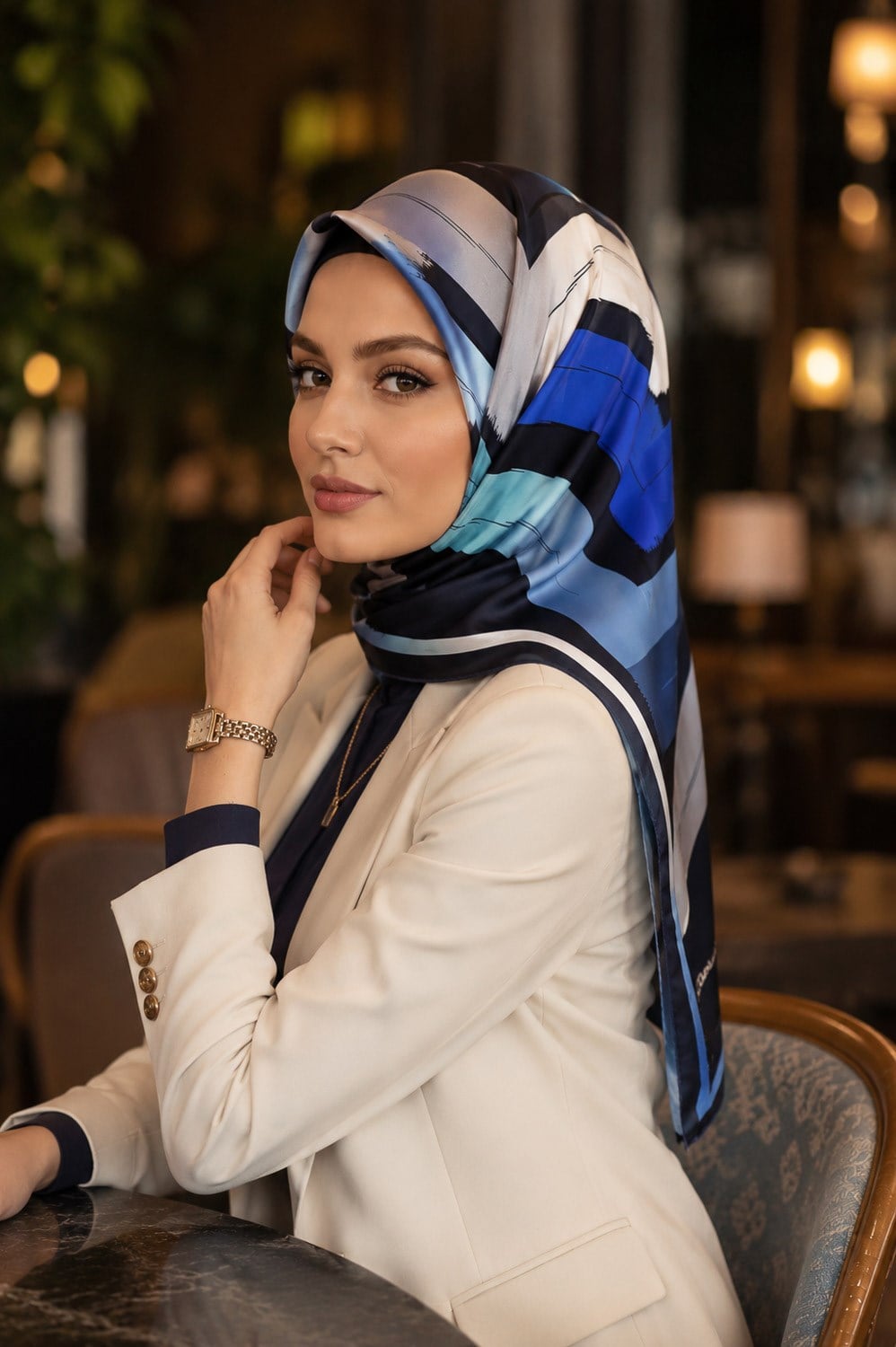%57 İPEK %43 VİSKON Twill İpek Geometrik Fırça İzi Desenli Lacivert - Saks Renkli 90x90 Eşarp Dikim Şekli : El Dikişi