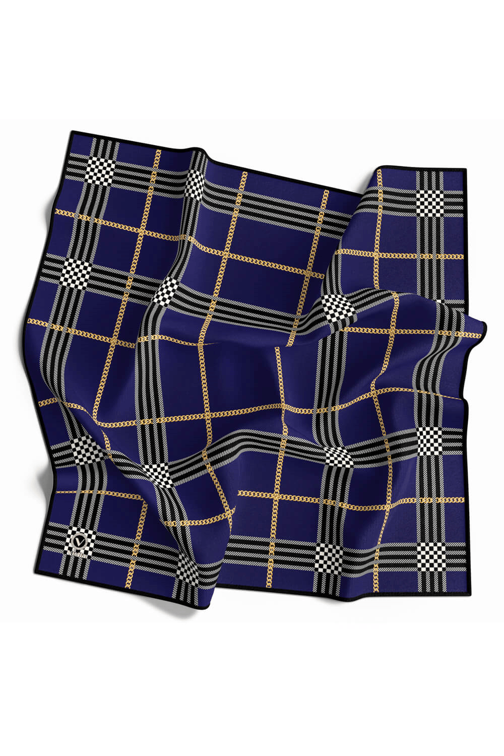 Twill Ekose Desenli Lacivert Renkli 90x90 Eşarp (İpek İçermez) Kenar Dikiş Şekli El Dikişli