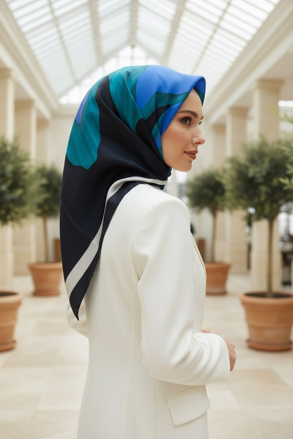 %100 Twill İpek Geometrik Desenli Petrol Yeşili - Saks Renkli 90x90 Eşarp Dikim Şekli : El Dikişi