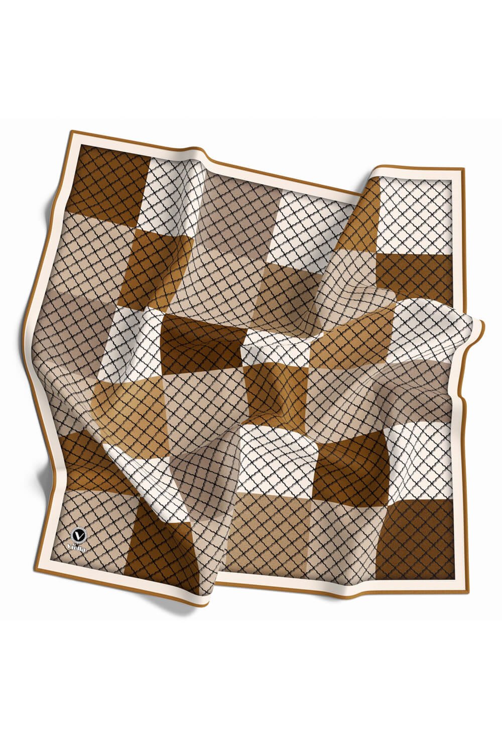 Twill Kare Desenli Hardal Renkli 90x90 Eşarp (İpek İçermez) Kenar Dikiş Şekli El Dikişli