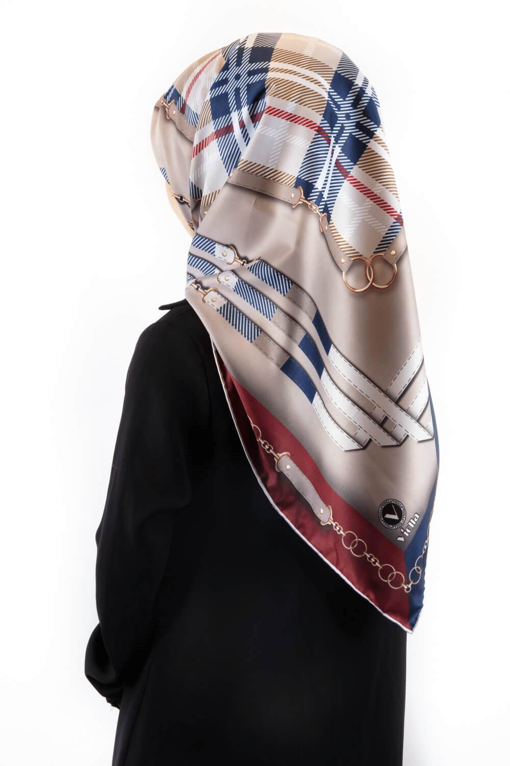 Twill Ekoseli Ve Zincir Desenli Bordo - Lacivert Renkli 90x90 Eşarp (İpek İçermez) Dikim Şekli : El Dikişi