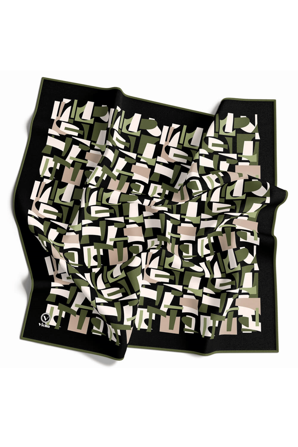 Twill Geometrik Desenli Haki Yeşili - Bej Renkli 90x90 Eşarp (İpek İçermez) Dikim Şekli : El Dikişi
