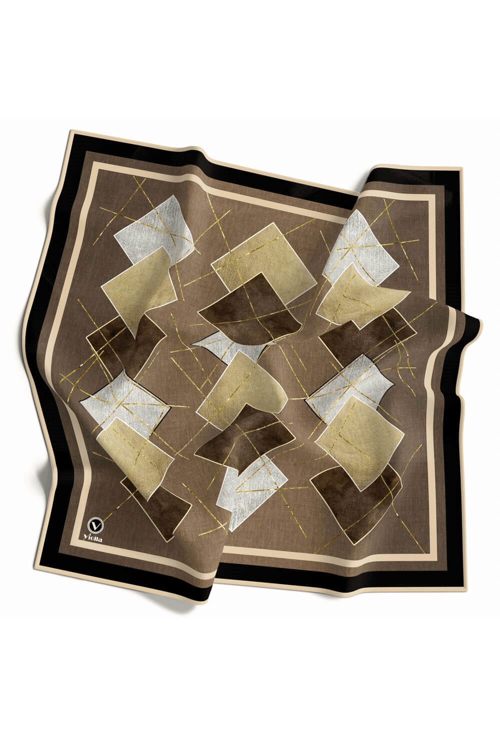Twill Geometrik Desenli Vizon Renkli 90x90 Eşarp (İpek İçermez) Kenar Dikiş Şekli El Dikişli