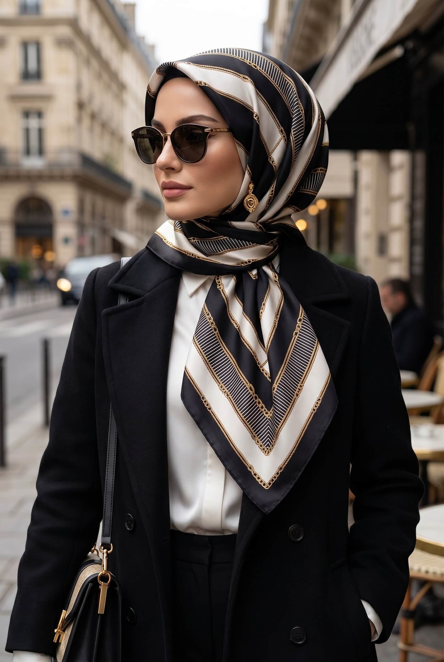 %100 Twill İpek Zincir Detaylı Geometrik Desenli Siyah - Krem Renkli 90x90 Eşarp Dikim Şekli : El Dikişi