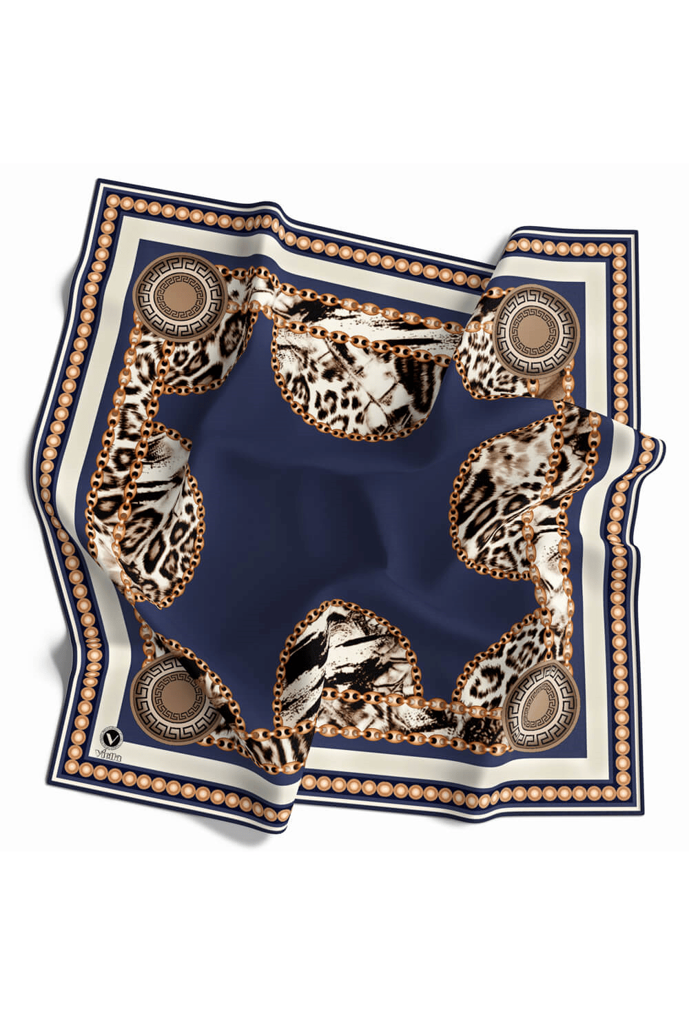 Kristal Zincirli Leopar Desenli İndigo Renkli 90x90 Eşarp (İpek İçermez) Kenar Dikiş Şekli El Dikişli