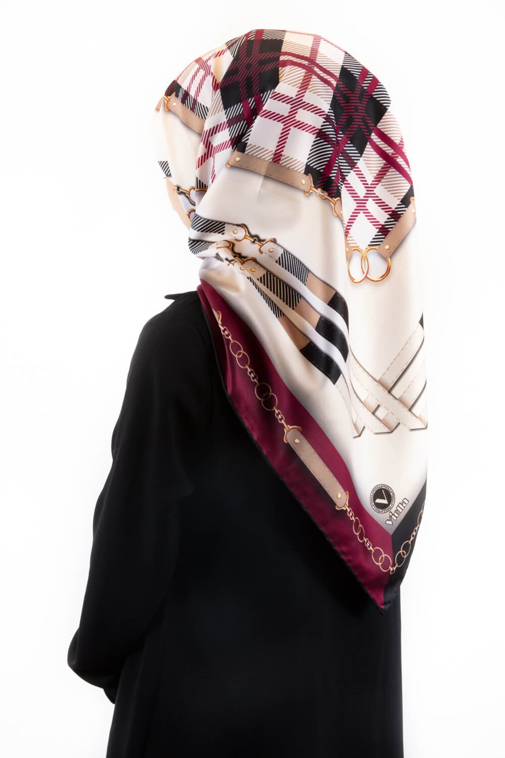 Twill Ekoseli Ve Zincir Desenli Mürdüm Renkli 90x90 Eşarp (İpek İçermez) Dikim Şekli : El Dikişi