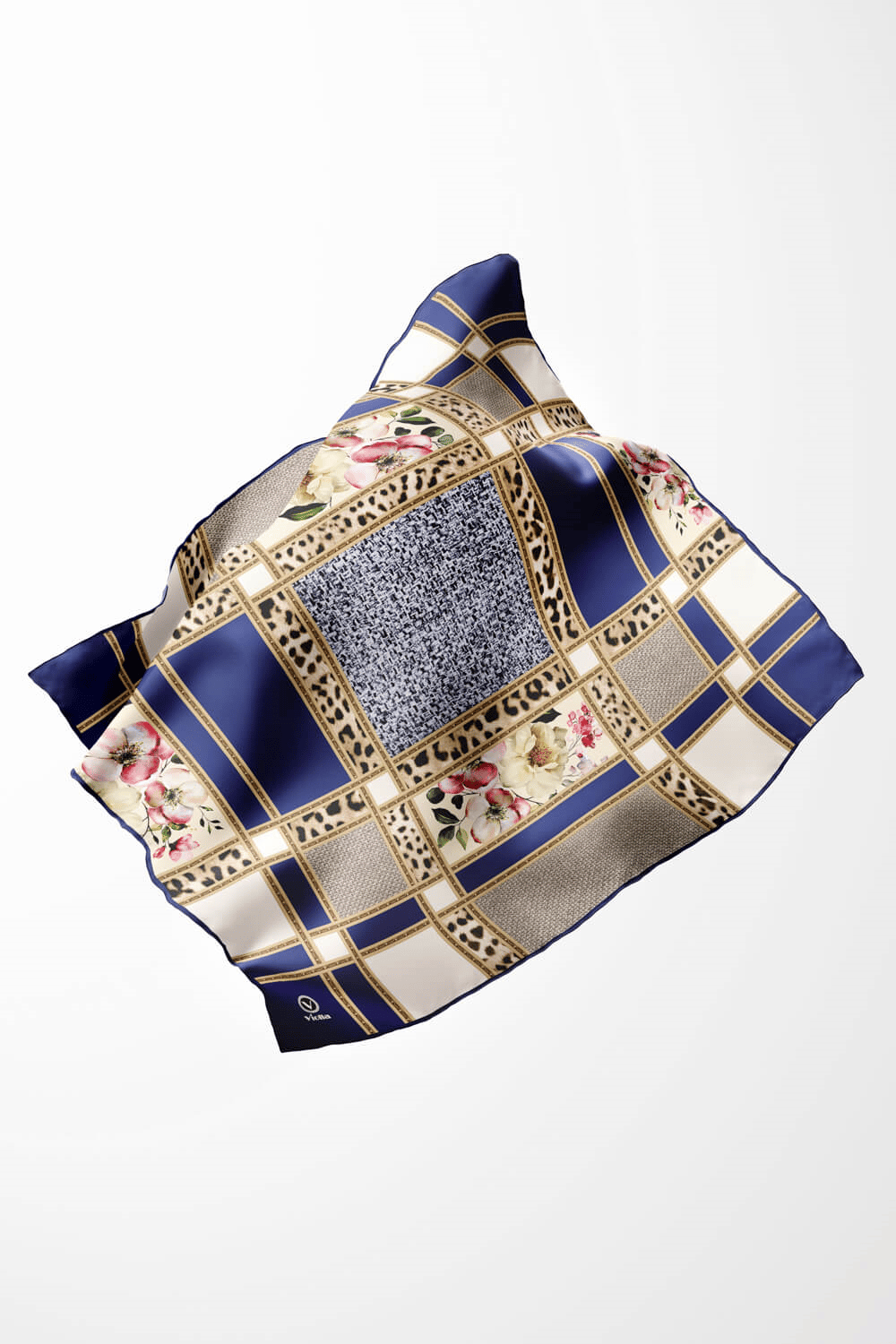 Twill Leopar ve Çiçek Desenli Lacivert - Krem Renkli 90x90 Eşarp (İpek İçermez) Dikim Şekli : El Dikişi