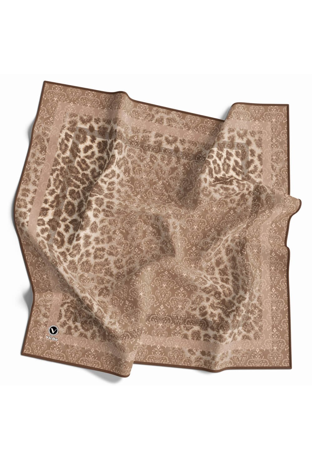 Twill Leopar Desenli Bej Renkli 90x90 Eşarp (İpek İçermez) Kenar Dikiş Şekli El Dikişli
