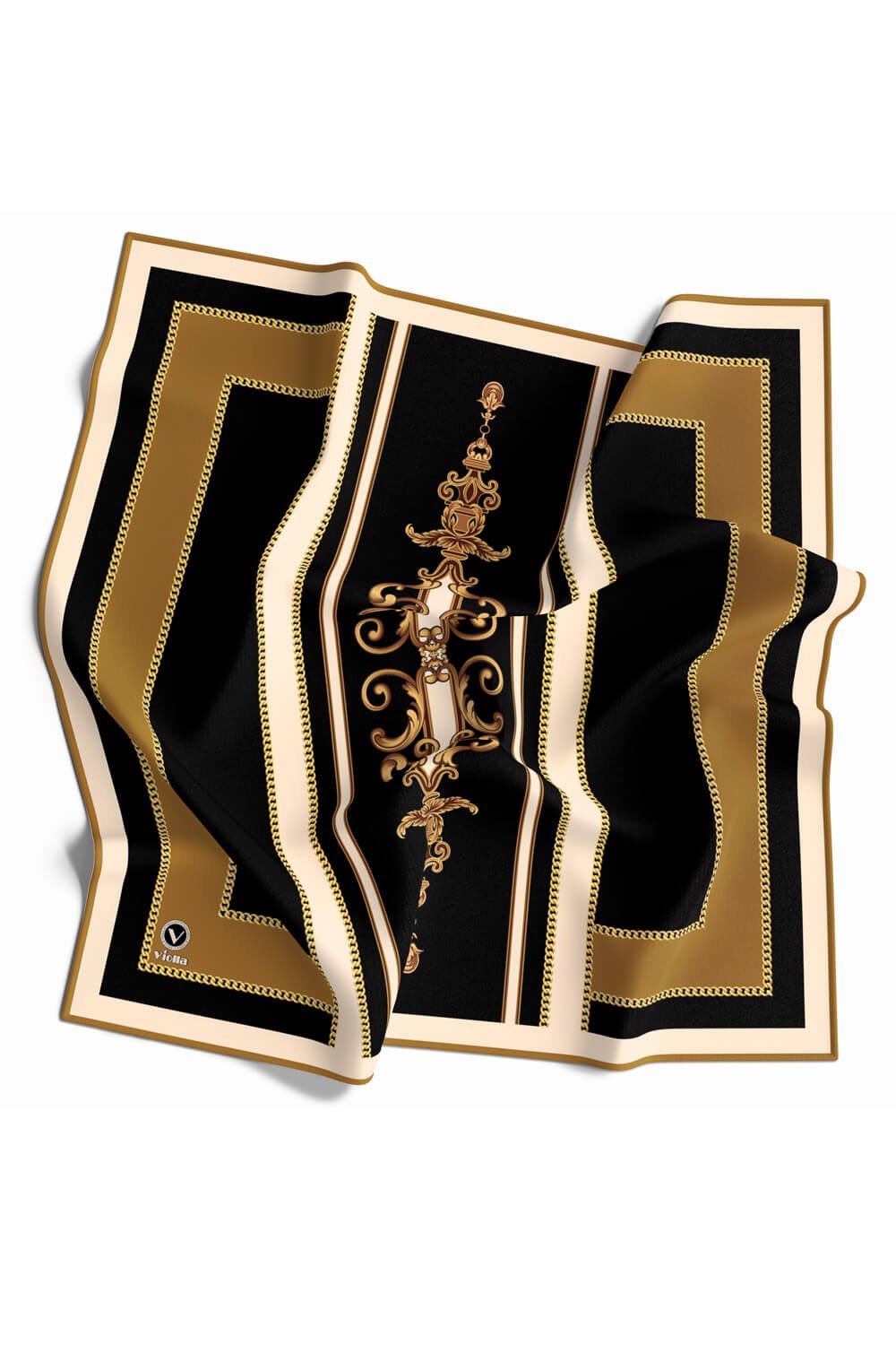 Twill Barok Desenli Hardal Renkli 90x90 Eşarp (İpek İçermez) Kenar Dikiş Şekli El Dikişli