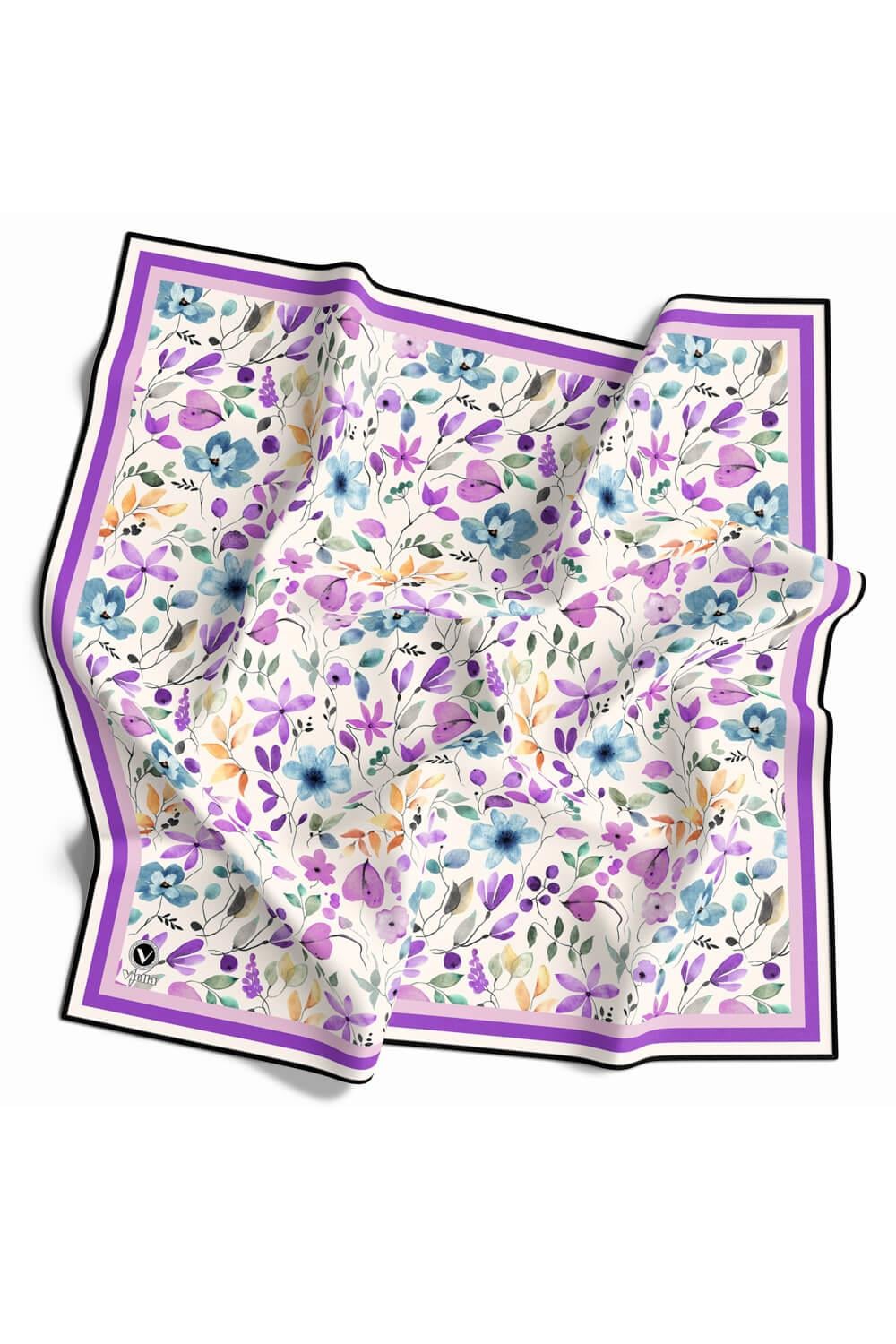 Kristal Bahar Çiçekleri Desenli Mor Renkli 90x90 Eşarp (İpek İçermez) Kenar Dikiş Şekli El Dikişli