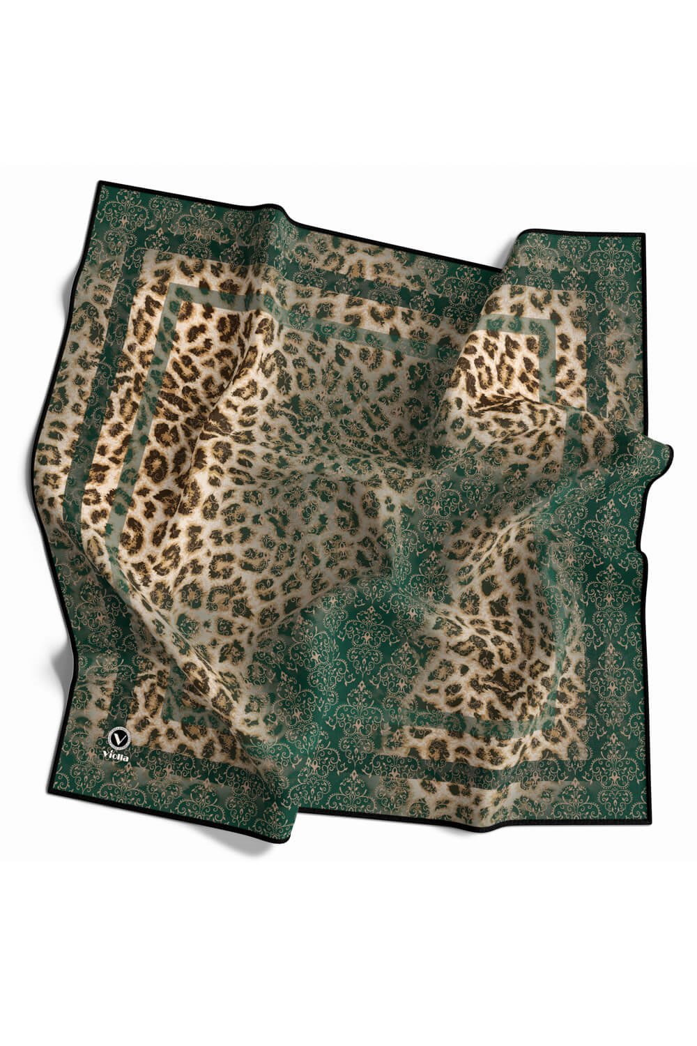 Twill Leopar Desenli Petrol Yeşili Renkli 90x90 Eşarp (İpek İçermez) Kenar Dikiş Şekli El Dikişli