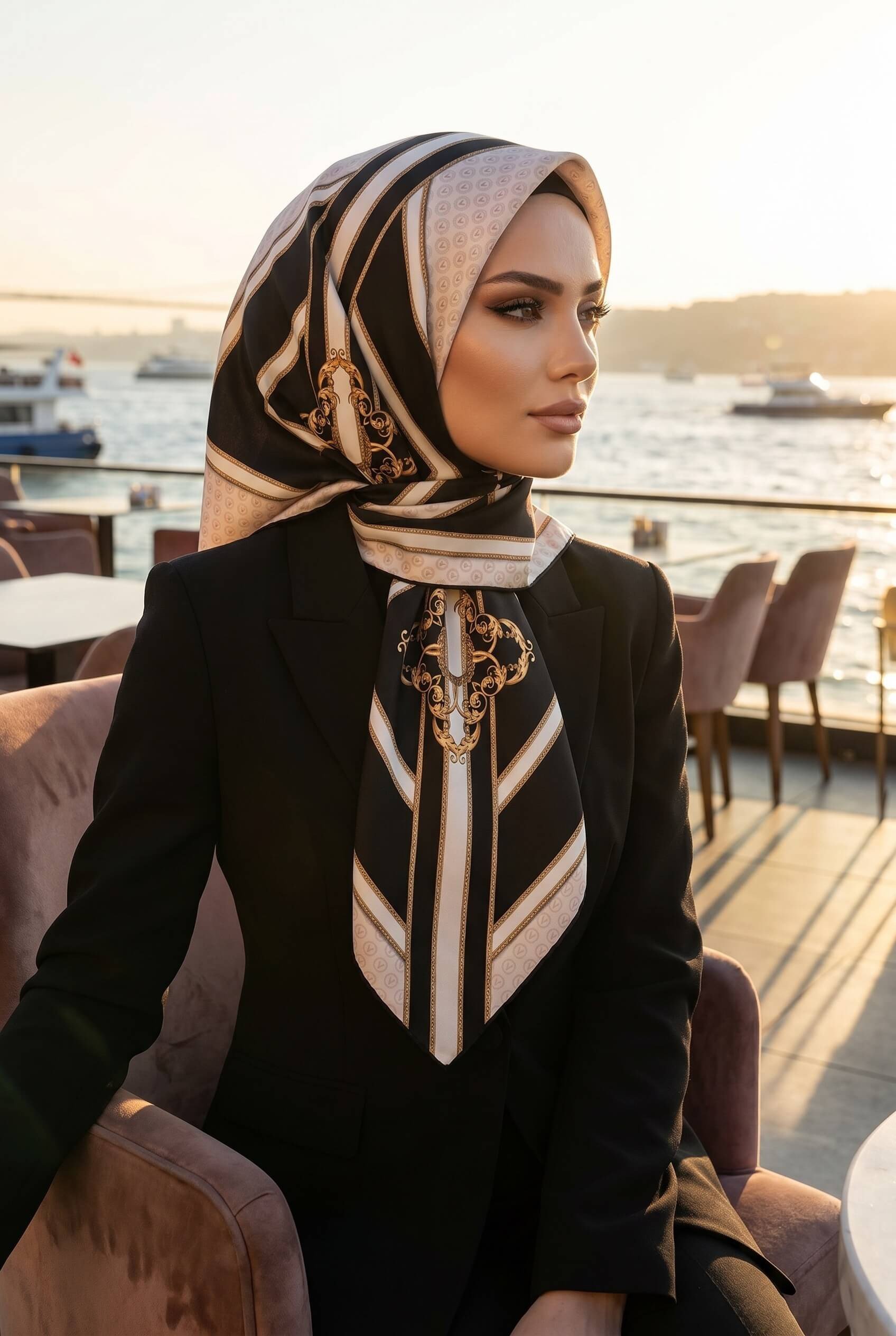 %100 Twill İpek Monogram ve Barok Desenli Krem - Siyah Renkli 90x90 Eşarp Dikim Şekli : El Dikişi