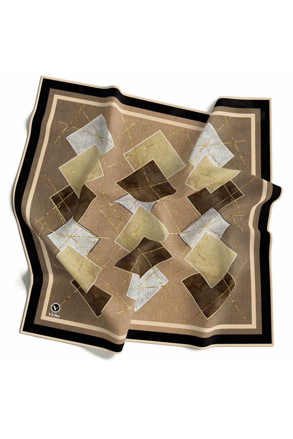 Twill Geometrik Desenli Bej Renkli 90x90 Eşarp (İpek İçermez) Kenar Dikiş Şekli El Dikişli