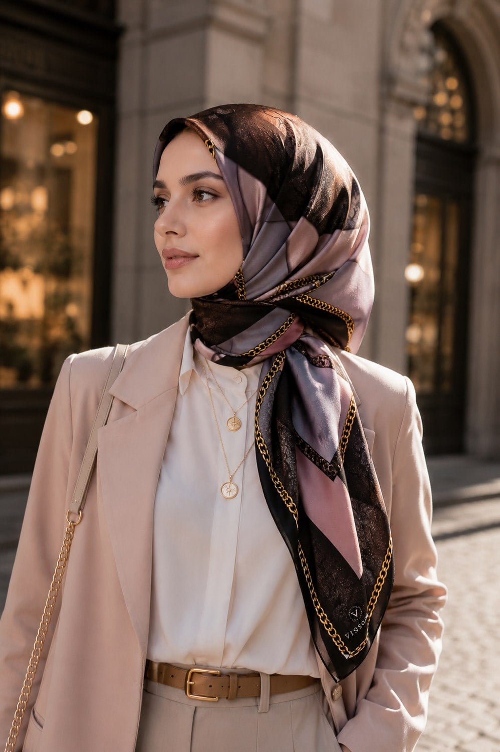 % 57 İPEK % 43 VİSKON Twill İpek Taş Efekti Desenli Pudra - Gri Renkli 90x90 Eşarp Dikim Şekli : El Dikişi