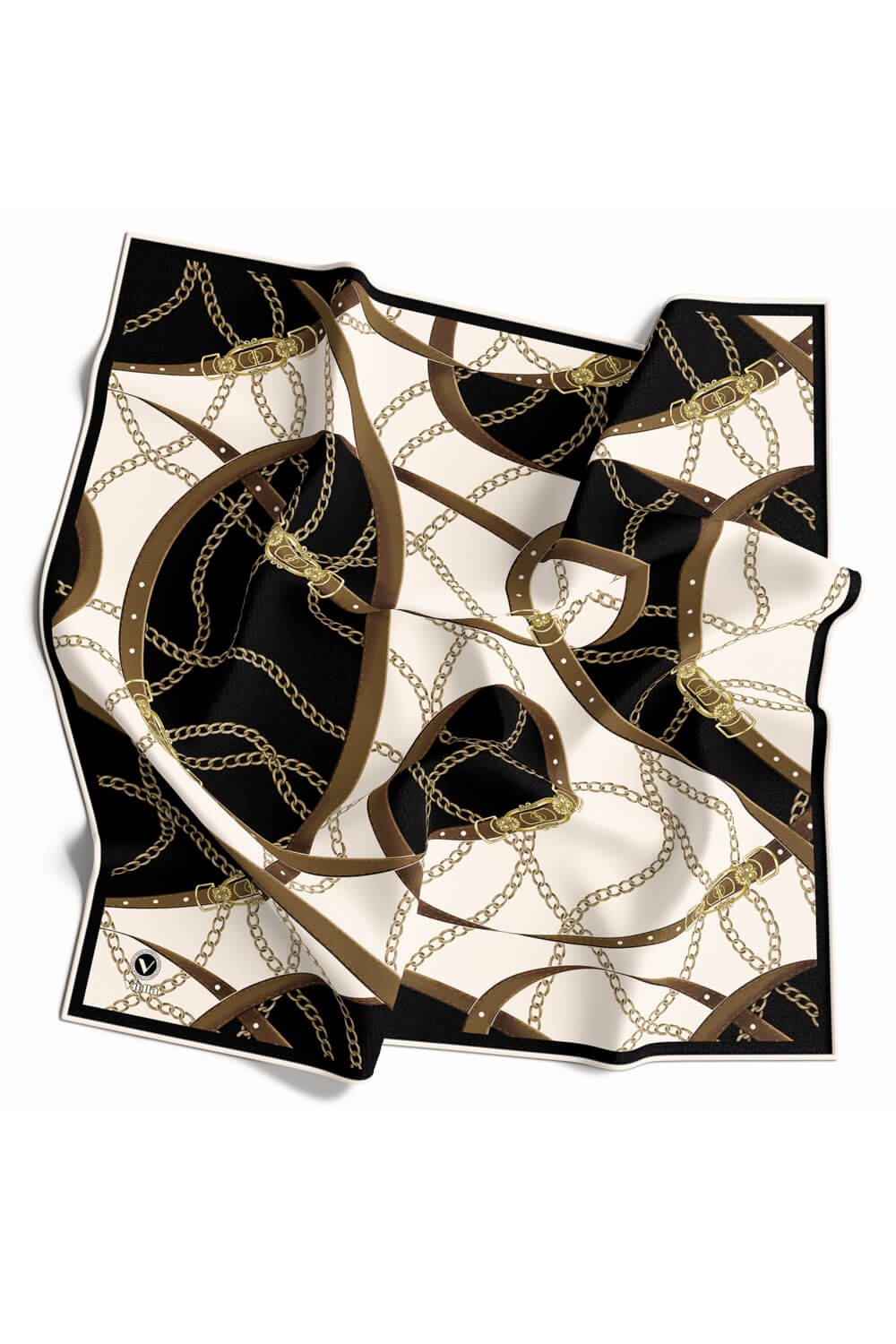 Twill Kemer ve Zincir Desenli Siyah Renkli 90x90 Eşarp (İpek İçermez) Kenar Dikiş Şekli El Dikişli
