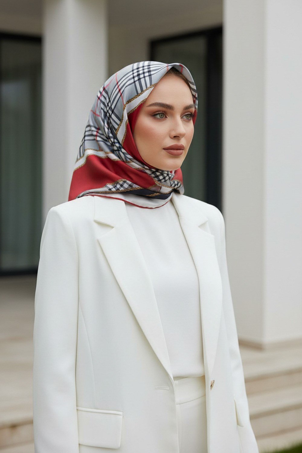 % 57 İPEK % 43 VİSKON Twill İpek Ekose Desenli Bordo Renkli 90x90 Eşarp Dikim Şekli : El Dikişi