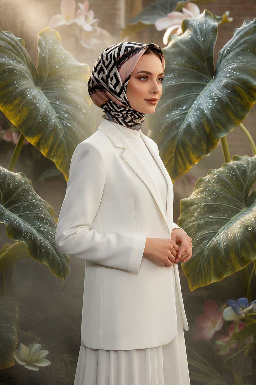 %100 Twill İpek Labirent Ve Geometrik Desenli Gri - Pudra Renkli 90x90 Eşarp Dikim Şekli : El Dikişi