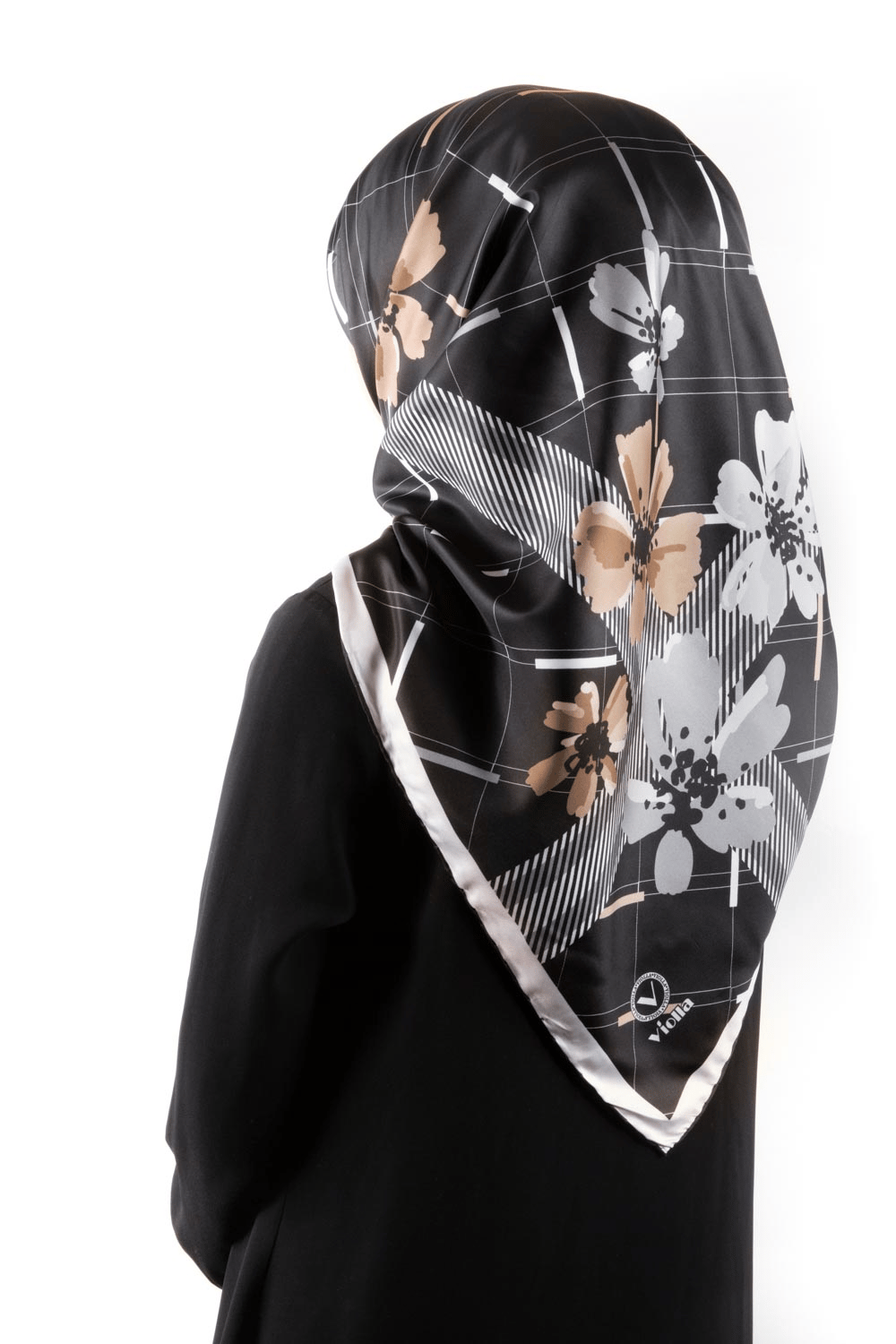 Twill Papatya Desenli Siyah Renkli 90x90 Eşarp (İpek İçermez) Kenar Dikiş Şekli El Dikişli
