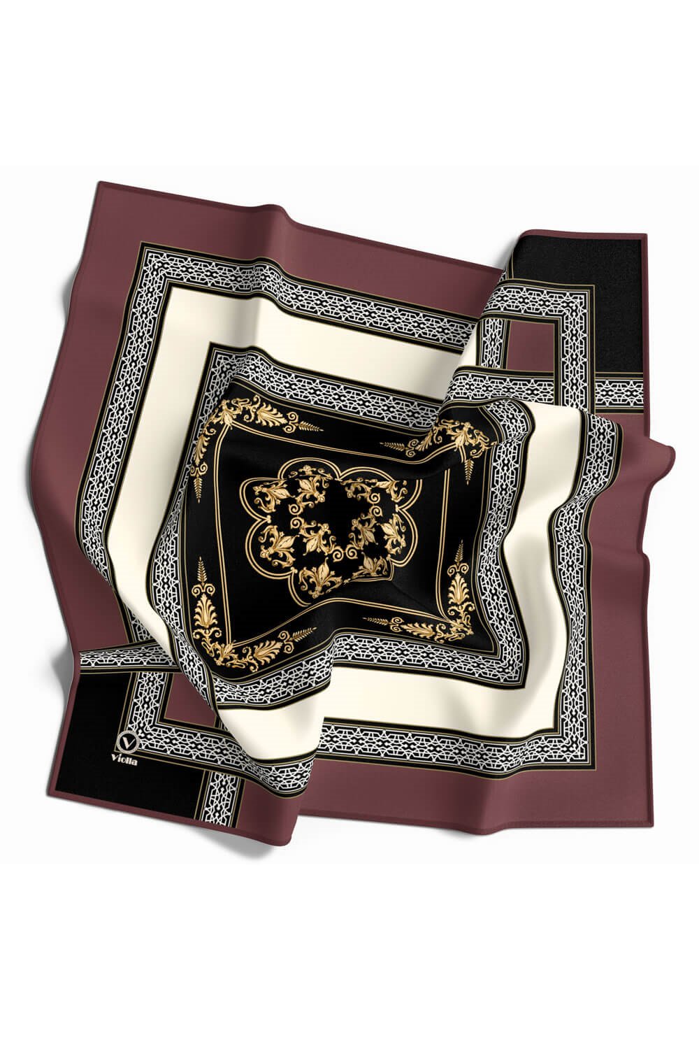 Twill Baroklu Bordür Desenli Gül Kurusu Renkli 90x90 Eşarp (İpek İçermez) Kenar Dikiş Şekli El Dikişli