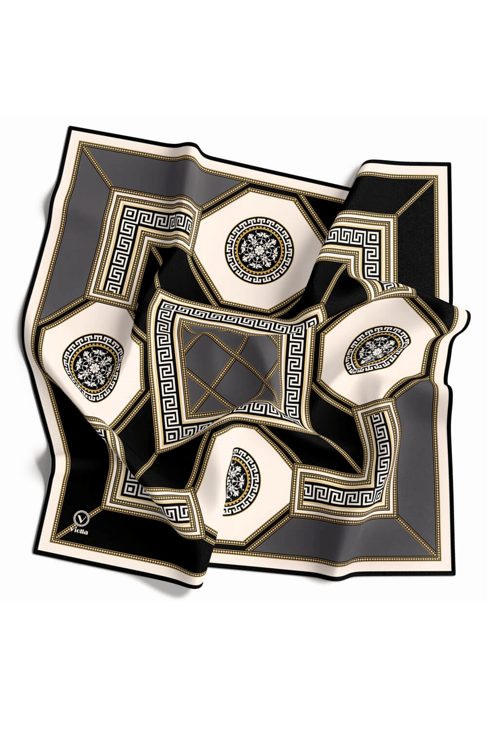 Twill Barok Desenli Gri Renkli 90x90 Eşarp (İpek İçermez) Kenar Dikiş Şekli El Dikişli