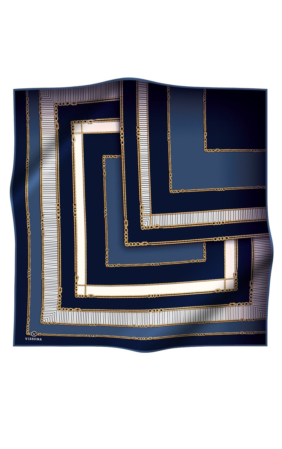 % 57 İPEK % 43 VİSKON Twill İpek Zincir Detaylı Geometrik Desenli Lacivert - İndigo Renkli 90x90 Eşarp Dikim Şekli : El Dikişi