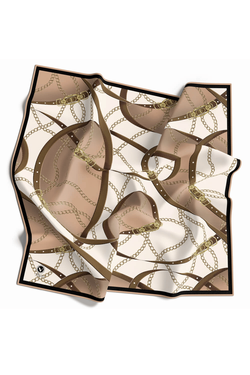Twill Kemer ve Zincir Desenli Somon Renkli 90x90 Eşarp (İpek İçermez) Kenar Dikiş Şekli El Dikişli