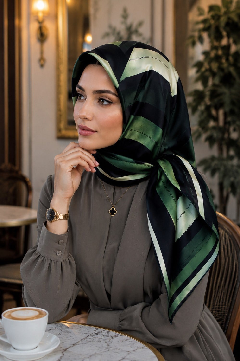 %57 İPEK %43 VİSKON Twill İpek Geometrik Fırça İzi Desenli Siyah - Zümrüt Yeşili Renkli 90x90 Eşarp Dikim Şekli : El Dikişi