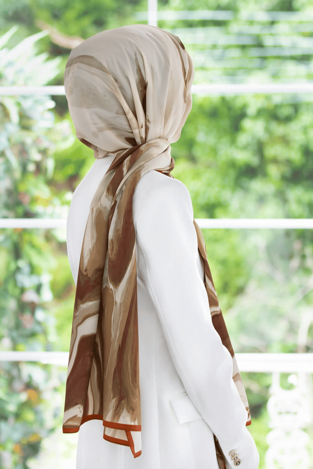 LÜKS MEDİNE EBRU DESENLİ TABA RENKLİ 75X195 KIRIŞMAZ ŞAL MOSS KREP DİKİŞ TİPİ İTALYAN DİKİŞLİ
