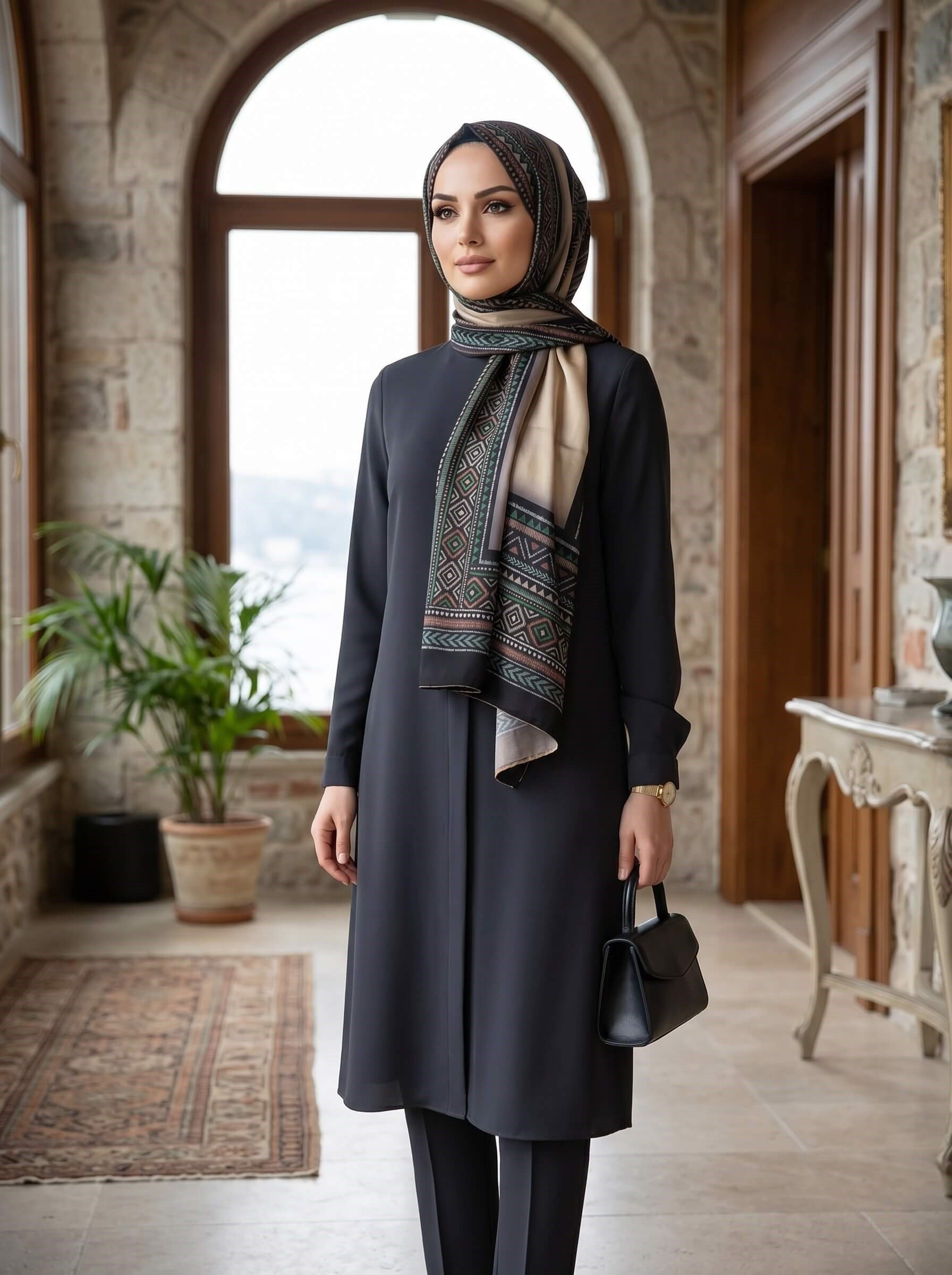 %100 İPEK ETNİK DESENLİ BEJ - SİYAH RENKLİ ŞAL