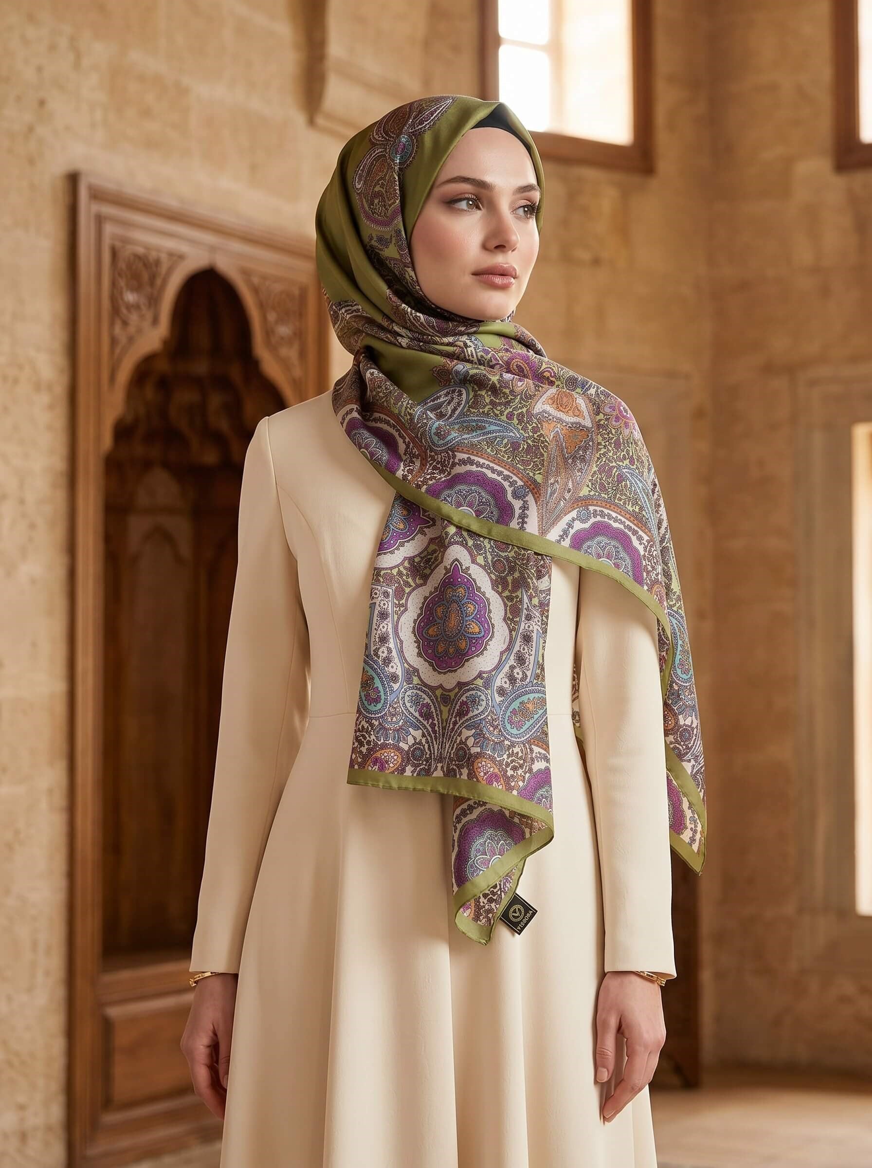 100% İpek Etro Desenli Haki Renkli 92x210 Şal
