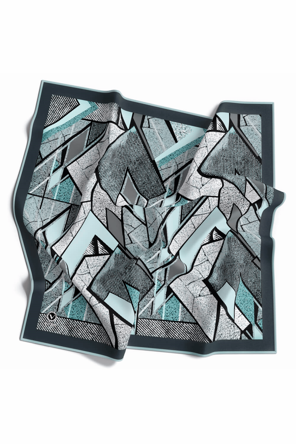 Kristal Geometrik Desenli Turkuaz Renkli 90x90 Eşarp (İpek İçermez) Kenar Dikiş Şekli El Dikişli
